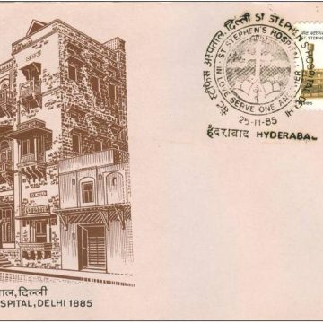 First Day Cover 25 Nov. '85 Centenary of St. Stephen's Hospital,Delhi (FDC-1985) (Spots/hinged/slightly damaged/Paper Stuck)