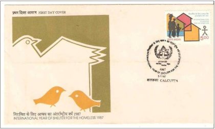 First Day Cover - 05 Oct. '87 International Year of Sheltar for The Homeless. (fdc-1987) (Spots/hinged/slightly damaged/Paper Stuck)