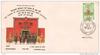 First Day Cover 12 Aug.'94 Bicentenary of 4th Battalion (Wallajahabad Light Infantry), The Madras Regiment.(FDC-1994) (Spots/hinged/slightly damaged/Paper Stuck)