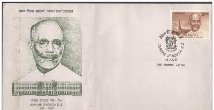 First Day Cover 18 Dec.'97 Birth Centenary of Jerome D'Souza (Educationist & Statesman).(FDC-1997) (Spots/hinged/slightly damaged/Paper Stuck)
