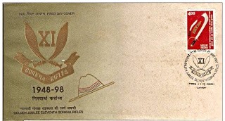 First Day Cover 02 Jan.'98 50th Anniv. of 11th Gorkha Rifles. (FDC-1998) (Spots/hinged/slightly damaged/Paper Stuck)