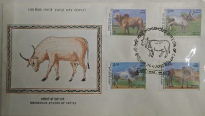 First Day Cover 25 Apr. '00 Indigenous Breeds of Cattle.(FDC-2000) (Spots/hinged/slightly damaged/Paper Stuck)