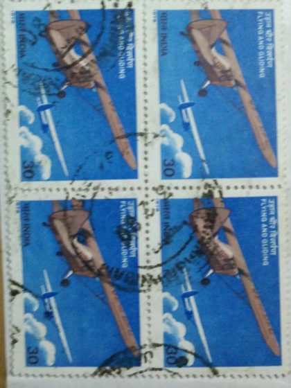 Flying and Gliding. Flying, Gliding, Aircraft, Pushpak Aircraft, Rohini Glider, Aviation, 30 P. (Used Block of 4 stamp)