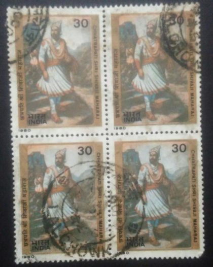 300th Anniversary of Chhatrapati Shivaji Maharaj. Personality, Warrior, Ruler, Headgear, Costume, Fort, Mountain, (Used Block of 4 stamp)