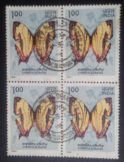 Butterflies - Cyrestis Achates. Butterfly, Cyrestis achates, Nymphalidae,Rs. 1 (Used Block of 4 stamp)