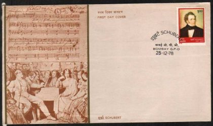 First Day Cover 25 Dec.'78 150th Death Anniv.of Franz Peter Schubert(Composer) (FDC-1978) (Spots/hinged/slightly damaged/Paper Stuck)