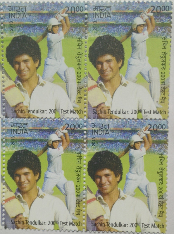 Sachin Tendulkar: 200th Test Match Cricket, Test Match, Bat, Helmet, Stadium Rs. 20(Block of 4 stamp)