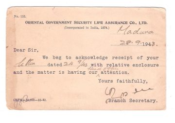 56 ORIENTAL LIFE OFFICE MADURA 28 SEP 1943 Used Covers