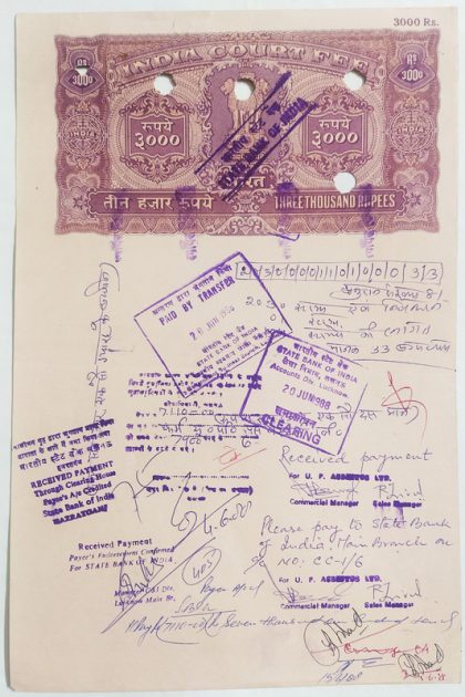 Indian Stamp Paper Value Rs.3000-1988 IND Court Fee Water mark "Ashokan With Box"