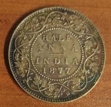 British India Coin VICTORIYA EMPRESS-HALF ANNA1877(used) (COPPER)