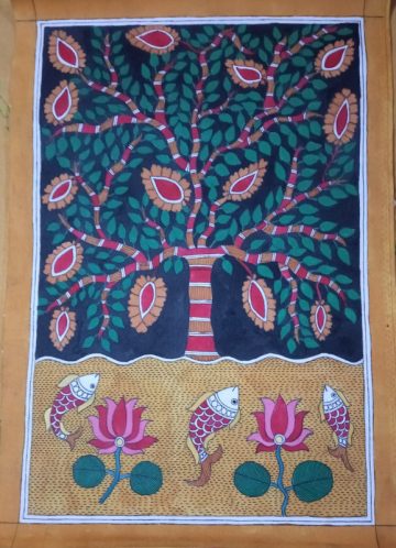MADHUBANI PAINTING Tree on the bank of river Dimension-(20*13) inch Made on-canvas