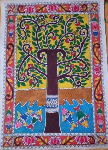 MADHUBANI PAINTING Birds on a tree with fishes in water Dimension-(20*13) inch Made on-canvas