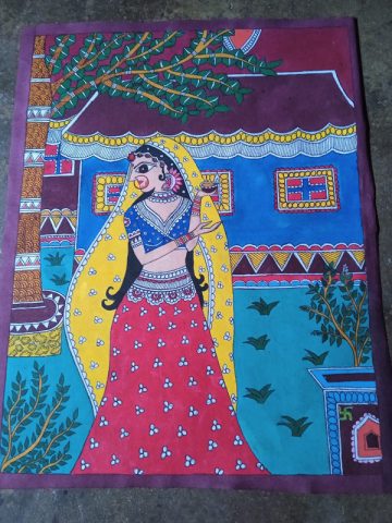 MADHUBANI PAINTING Diya holding girl Dimension-(18*13) inch Made on-canvas