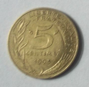 5 Centimes 1993 Liberte Egalite Fraternite Used Slightly Damage