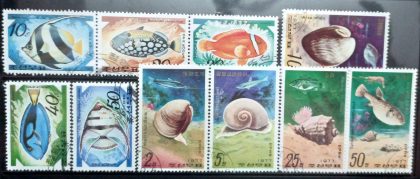 Fish & Shank used Stamps of Korea Set of 10 (Foreign Stamp)