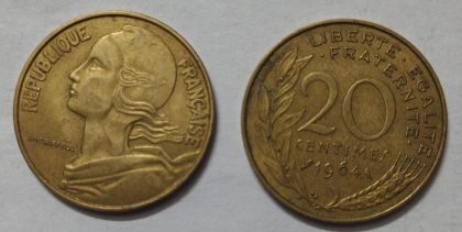 20 Centimes 1964 Liberte Egalite Fraternite (used)