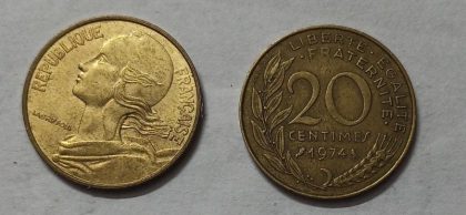 20 Centimes 1974 Liberte Egalite Fraternite (used)