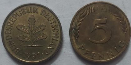 GERMANY 5  PFENNIG 1991 (USED)