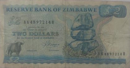 Zimbabwe Currency 2 Dollars 1983 (used)