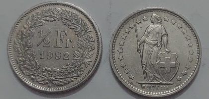SWITZERLAND Half Fr. 1992 Helvetia Coin (used)
