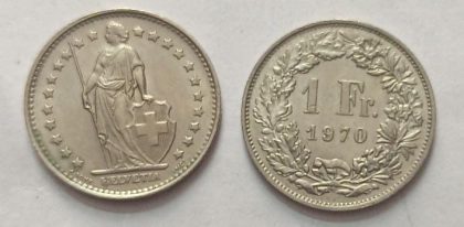 SWITZERLAND 1 France 1970  Confoedertio Helvetica Coin (used)