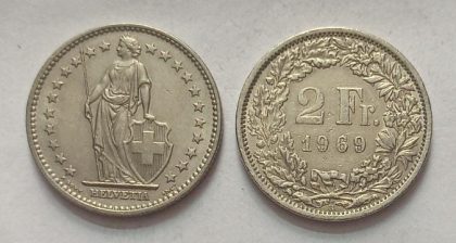 SWITZERLAND 2 France 1969  Confoedertio Helvetica Coin (used)