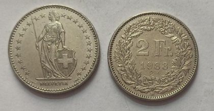 SWITZERLAND 2 France 1988 Confoedertio Helvetica Coin(used)