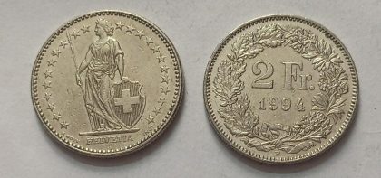 SWITZERLAND 2 France 1994  Confoedertio Helvetica Coin (used)