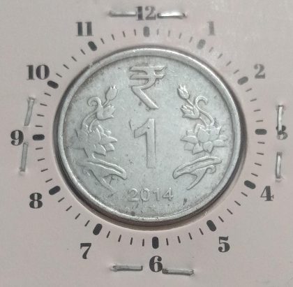 1 RUPEE 2014 HYDERABAD MINT 11 O'CLOCK ROTATION -ERROR COIN UNC - Image 2