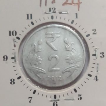 2 RUPEES 2012 NOIDA MINT 12.30  CLOCK ROTATION ERROR COIN USED