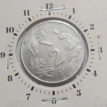 2 RUPEES 2012 NOIDA MINT 4 O'CLOCK ROTATION ERROR COIN USED