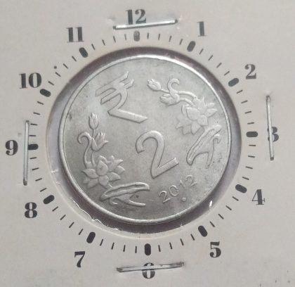 2 RUPEES 2012 NOIDA MINT 4 O'CLOCK ROTATION ERROR COIN USED