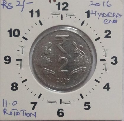 2 RUPEES 2016 HYDERABAD MINT 11 O'CLOCK ROTATION ERROR COIN UNC