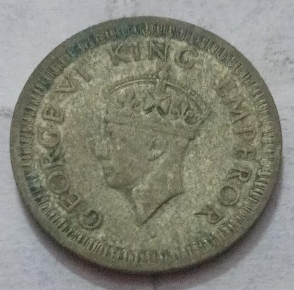 KING GEORGE VI- 1/4 RUPEE INDIA 1943 SILVER COIN (USED) - Image 2
