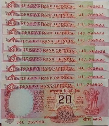 20 Rupees Governor Dr.C.Rangarajan  Inset B 1992  UNC (10 Notes) J4U 762921-762930)