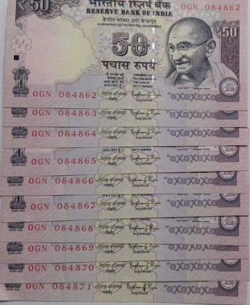 50 Rupees note Governor RAGHURAM G.RAJAN Plain Inset 2015 UNC (10 Notes) (334862-334871)