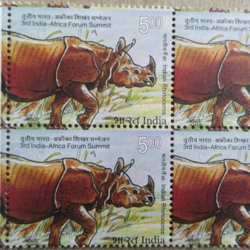 3rd India - Africa Forum Summit Summit, Event, Wild Life, Indian Rhino, Rhinoceros unicornis Rs. 5(Block of 4 TL Stamp)
