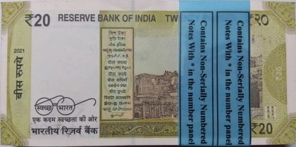 20 Rupees Bundle notes Governor Shakti Kanta Das  STAR SERIES Inset M 2020 UNC (100 Notes)101 TELESCOPIC NUMBER - Image 2