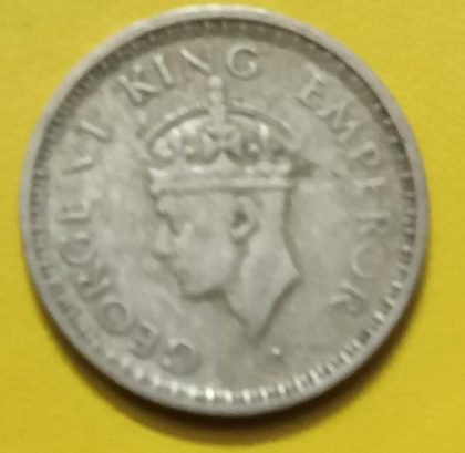 KING GEORGE VI- 1/4 RUPEE INDIA 1944 SILVER COIN (USED) - Image 2