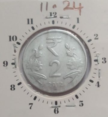 2 RUPEES 2012 NOIDA MINT 12.30 O'CLOCK ROTATION ERROR COIN USED