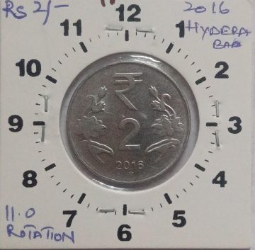 2 RUPEES 2016 HYDERABAD MINT 11.00 O'CLOCK ROTATION ERROR COIN UNC