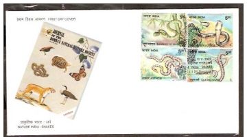 First Day Cover 12 Nov 2003 Nature India - Snakes: Python, Pit Viper, King Cobra, Gliding Snake (Fdc-2003)