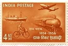 01 Oct. '54 Stamp Centenary. Cycle, Train, Ship, Aircraft, 4 Anna.- MNH Stamp