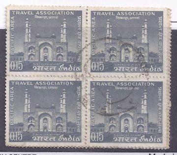 24 Jan. 66 Pacific Area Travel Association, 15th Conference, New Delhi. Organisation, Event, Travel, Tourism, Sikandara Agra, Monument, Tomb, Architecture, Archaeology, 15 P. (Used Block of 4 stamp)