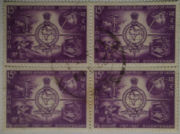 Survey of India - Bicentenary. Emblem, Globe, Aircraft, Ashoka Capital, Mapping, Surveying, Map, 15P. (Used Block of 4 stamp)