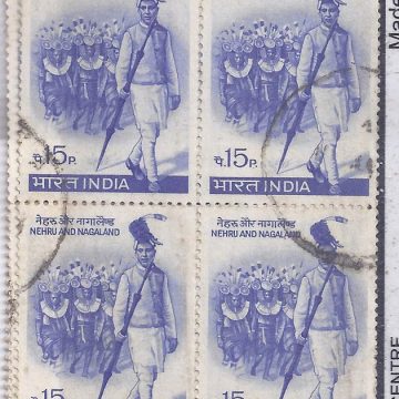 Nehru & Nagaland Personality, Nehru, Nagaland, Naga Tribesmen, Headgear, Costume, Freedom Fighter, Prime Minister, Indian National Congress, Spear, 15P. (Used Block of 4 stamp)