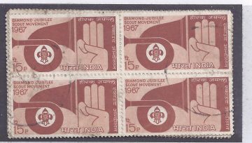 Diamond Jubilee - Scout Movement. Scout, Emblem, Bugle, Badge, Scout Salute, 15P. (Used Block of 4 stamp)
