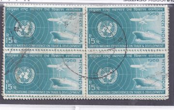 United Nations Conference on Trade and Development. Conference, Trade, Emblem, Air Craft, Ship, Olive Wreath, Kotinos, 15P. (Used Block of 4 stamp)