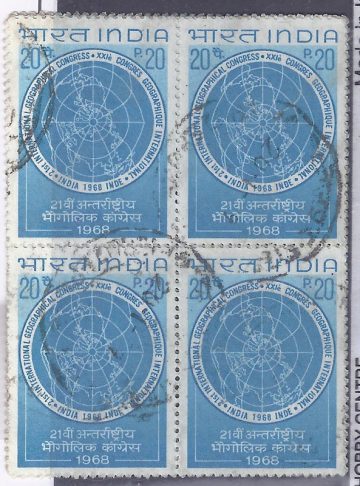 21st International Geographical Congress, New Delhi. Event, Geography, World Map, 20P. (Used Block of 4 stamp)