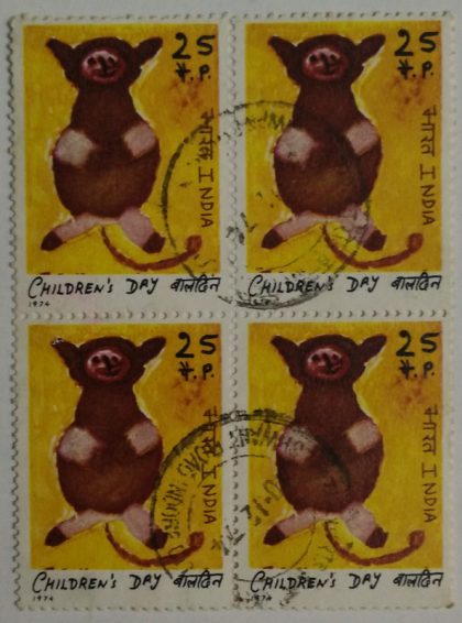 Childrens Day. Childrens Day, Painting, Cat, 25 P. (Used Block of 4 stamp) | Indian Postage Stamps | Indian Coins | Old Indian Currency | Rare Indian Coins | Numismatic Collection India